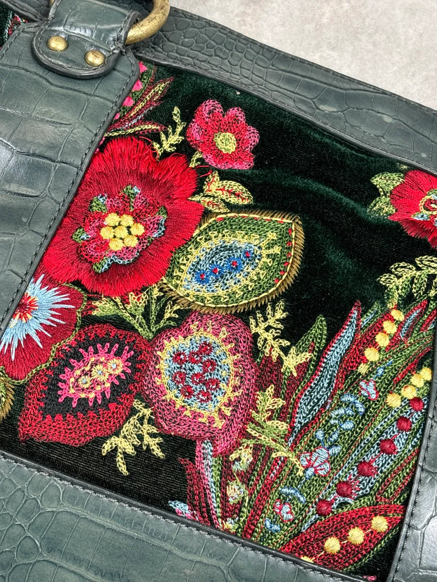 2000s Cavalli Dark Green Leather Floral Embroidered Croc-Embossed Handle Bag aMYQPFxi 12