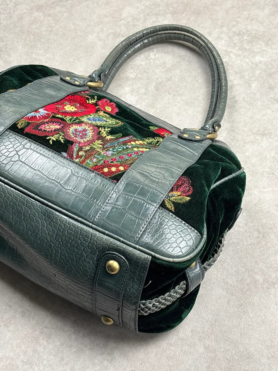 2000s Cavalli Dark Green Leather Floral Embroidered Croc-Embossed Handle Bag aMYQPFxi 7