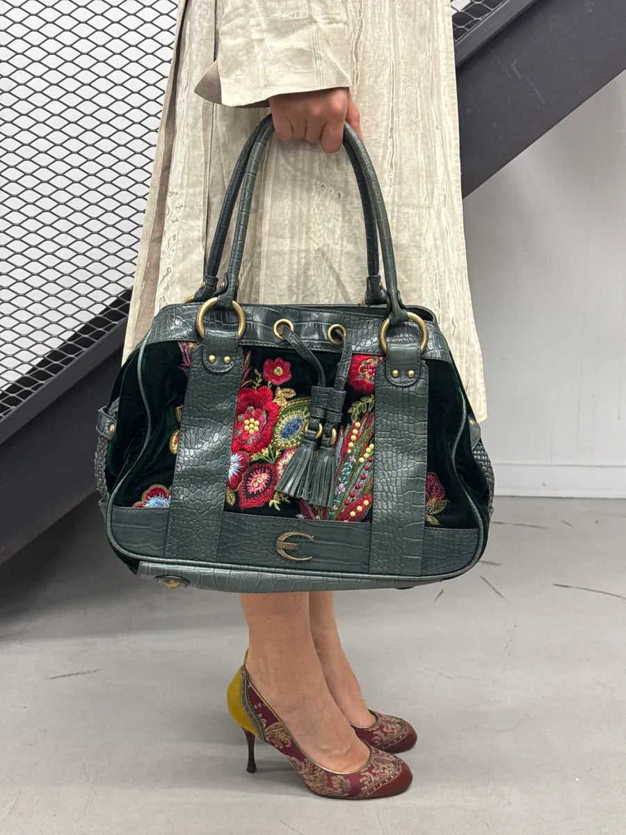 2000s Cavalli Dark Green Leather Floral Embroidered Croc-Embossed Handle Bag aMYQPFxi 1