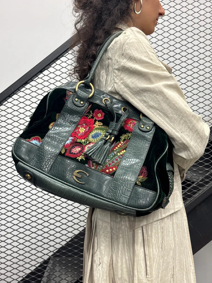 2000s Cavalli Dark Green Leather Floral Embroidered Croc-Embossed Handle Bag aMYQPFxi 2