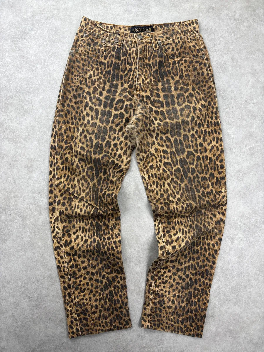 1990s Roberto Cavalli Brown Beige Leopard Jeans aQabrYNU 0