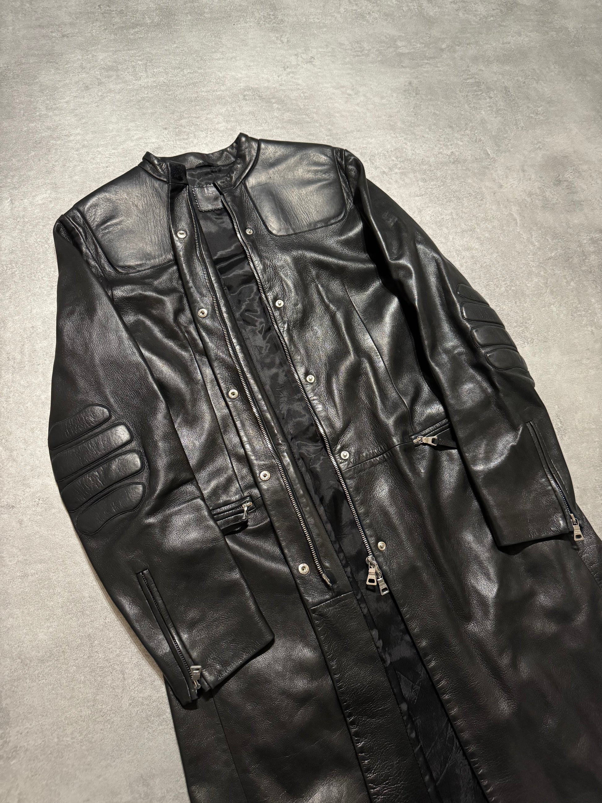 FW1999 Prada Black Padded Biker Matrix Leather Trench Jacket  (S) - 9