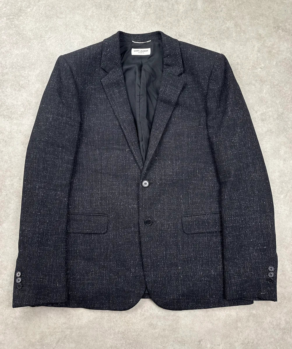 SS2015 Saint Laurent Black Wool Speckled Tweed Two-Button Blazer Jacket aZVxndpi 0