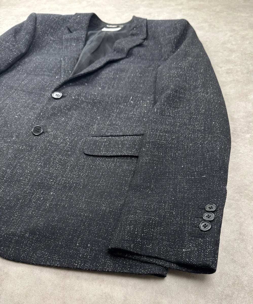 SS2015 Saint Laurent Black Wool Speckled Tweed Two-Button Blazer Jacket aZVxndpi 6
