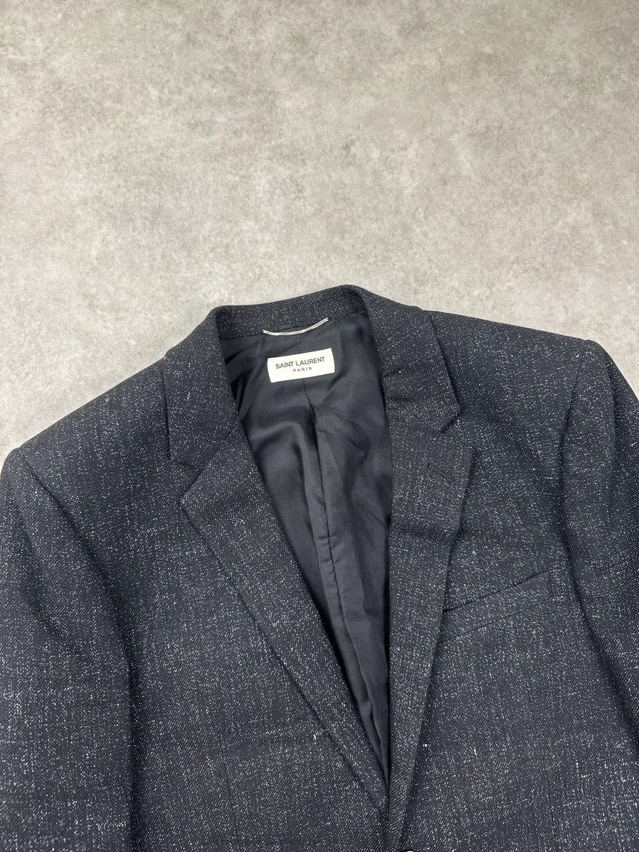 SS2015 Saint Laurent Black Wool Speckled Tweed Two-Button Blazer Jacket aZVxndpi 8
