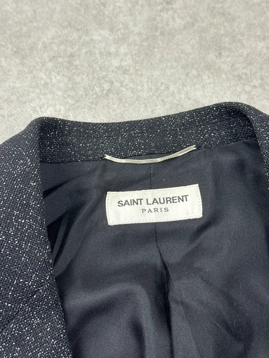 SS2015 Saint Laurent Black Wool Speckled Tweed Two-Button Blazer Jacket aZVxndpi 10