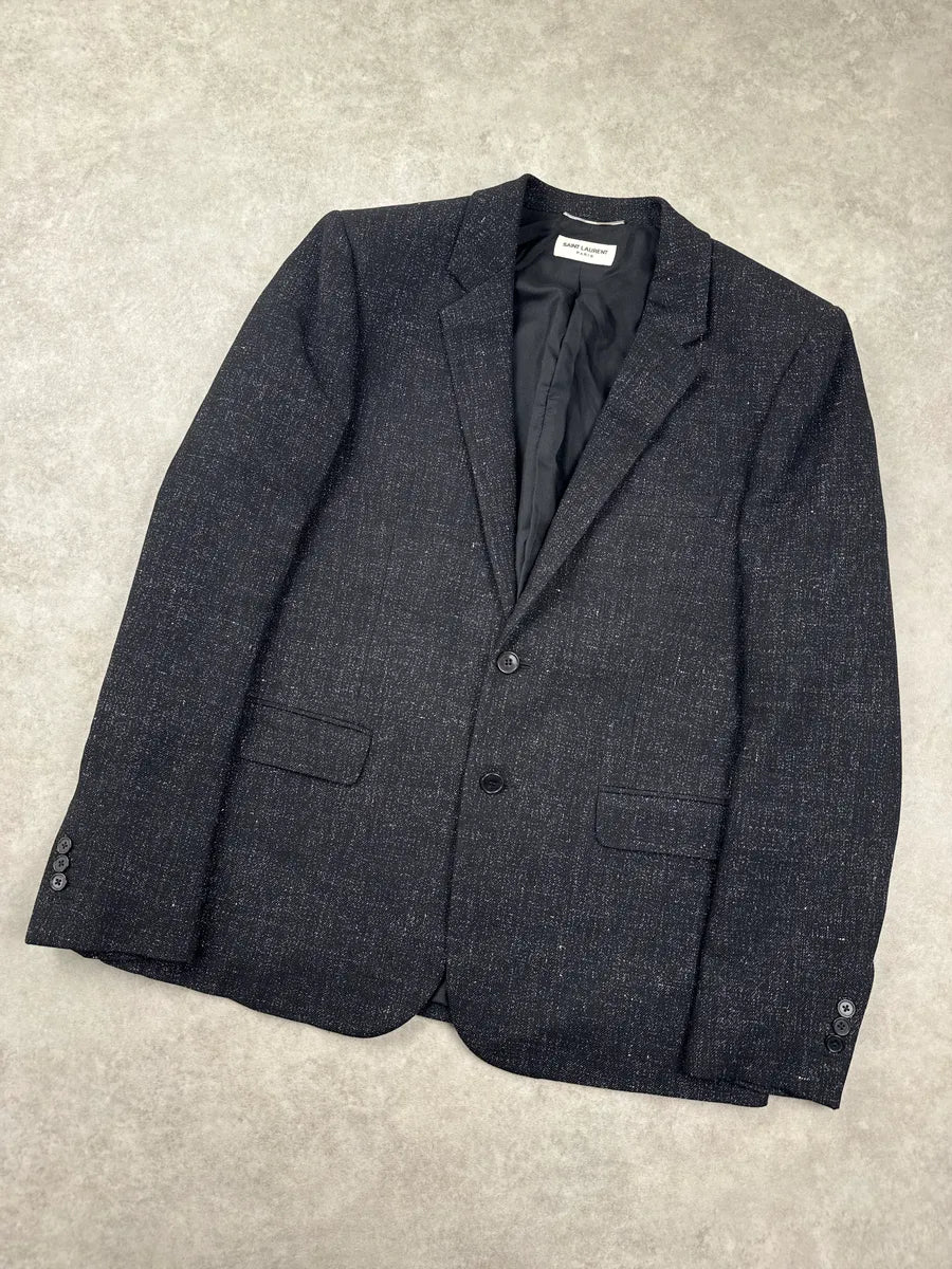SS2015 Saint Laurent Black Wool Speckled Tweed Two-Button Blazer Jacket aZVxndpi 3