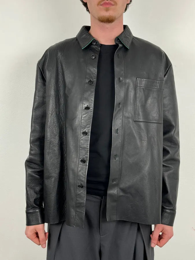 Acne Studios Black Leather Green Contrast Edges Shirt Jacket GXGKImj 1