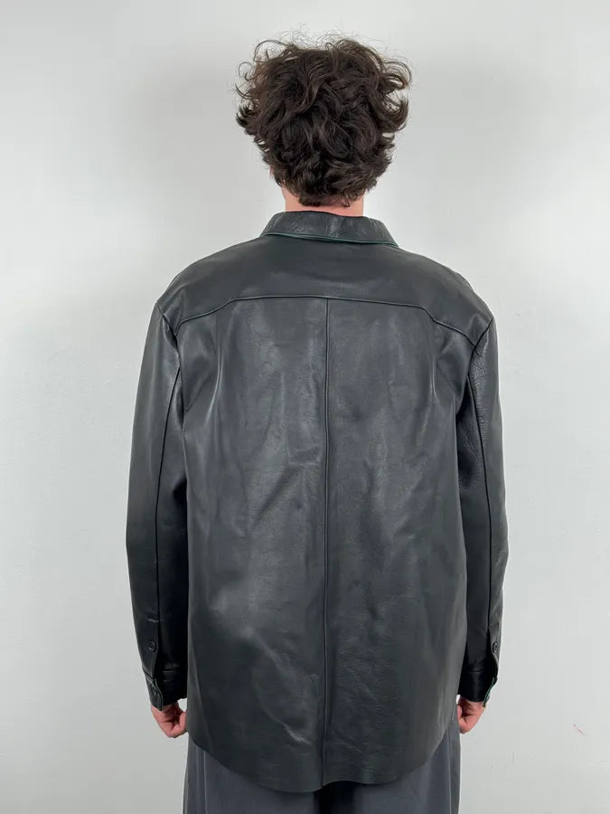 Acne Studios Black Leather Green Contrast Edges Shirt Jacket GXGKImj 2