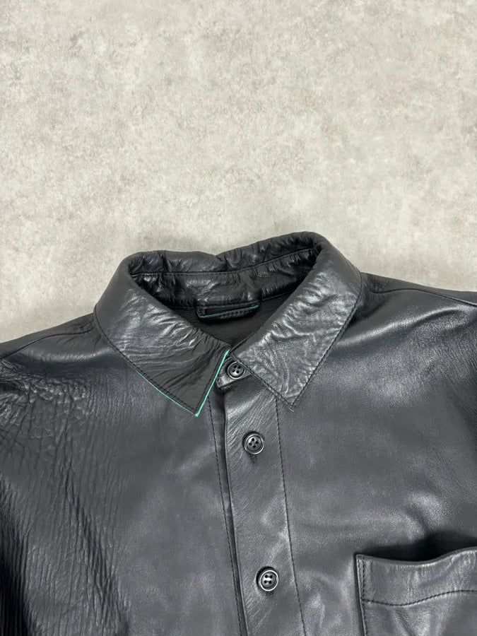 Acne Studios Black Leather Green Contrast Edges Shirt Jacket GXGKImj 3