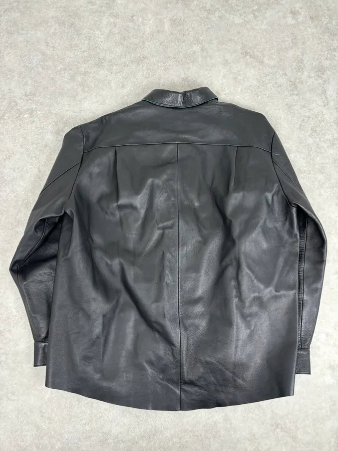 Acne Studios Black Leather Green Contrast Edges Shirt Jacket GXGKImj 4