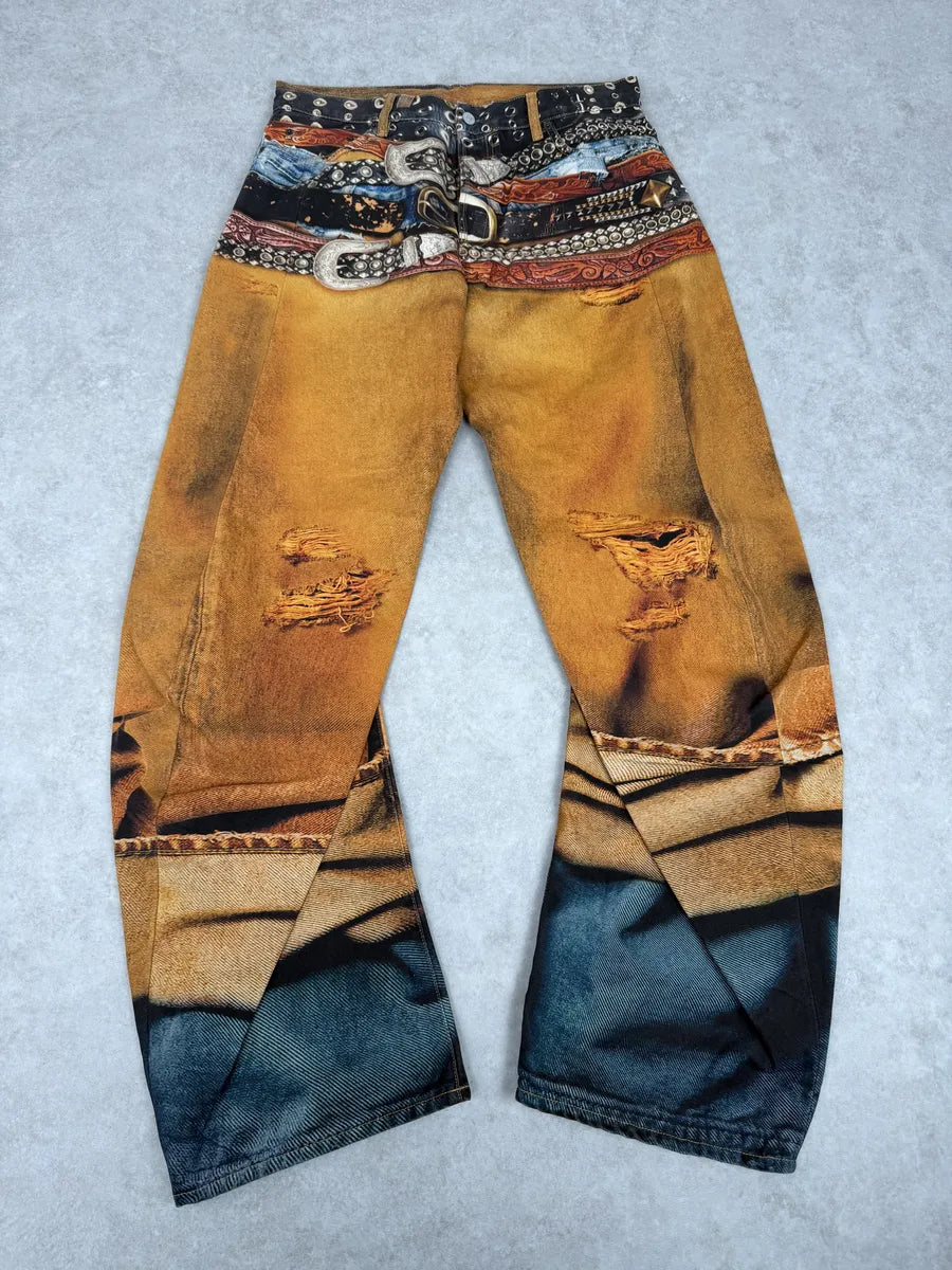 Acne Studios Trompe L’oeil Belts Orange Curved Print Pants YpqxaYc 0