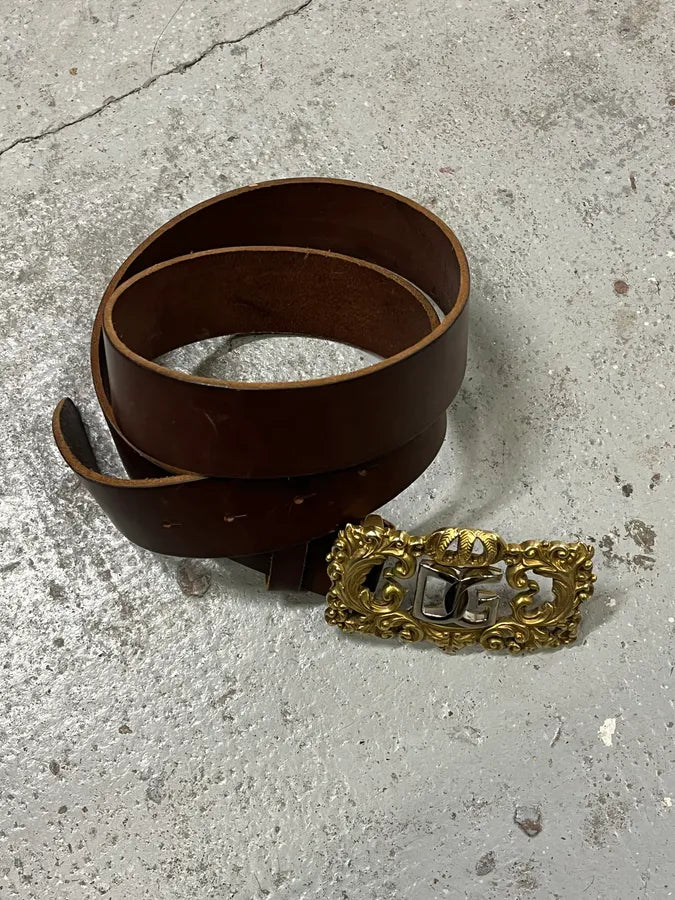 Dolce & Gabbana Brown Leather Ornate Baroque DG Buckle Belt uQyLdis 5