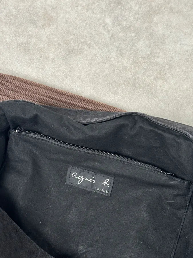 Agnes b Black Canvas Leather Strap Messenger Bag nqSLUIf 12