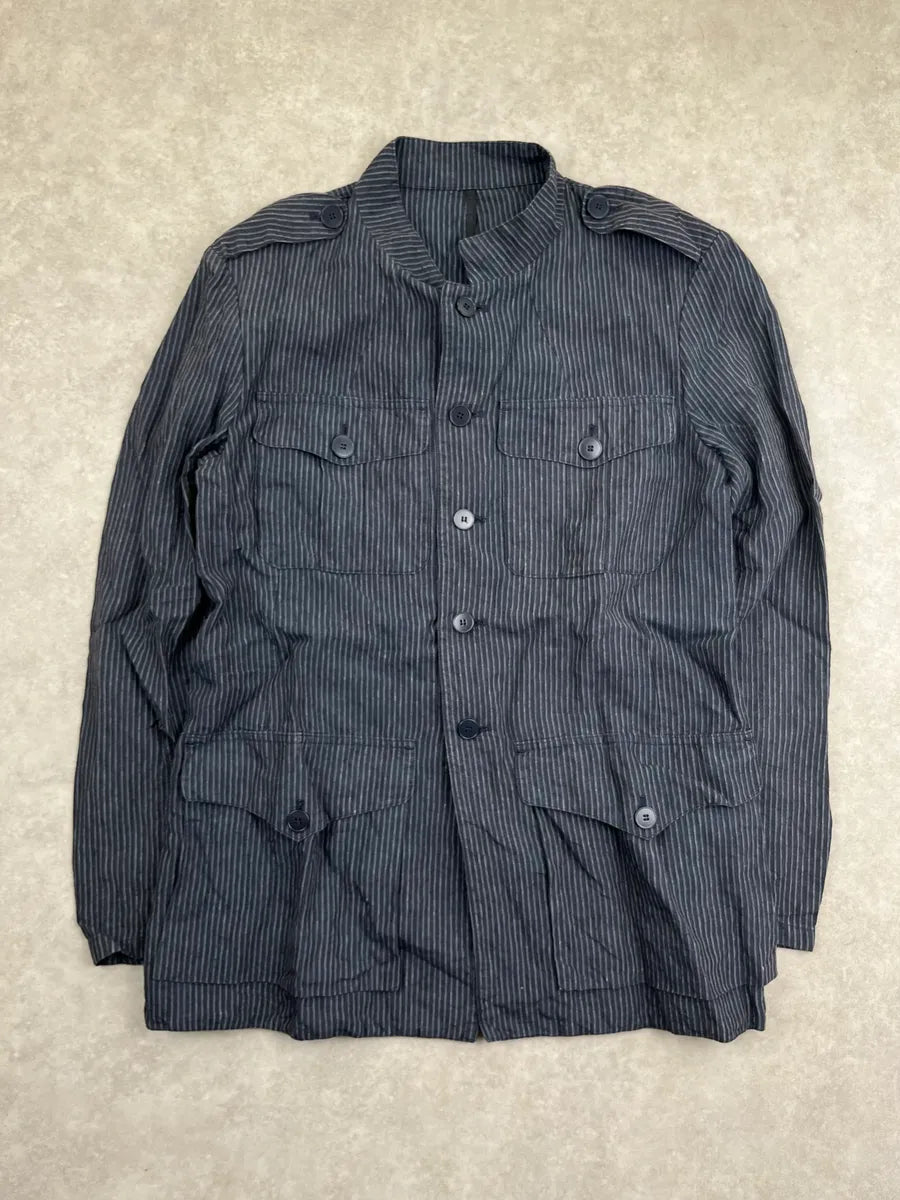 Agnès b Navy Linen Striped Utility Officer Jacket DTSWKte 2