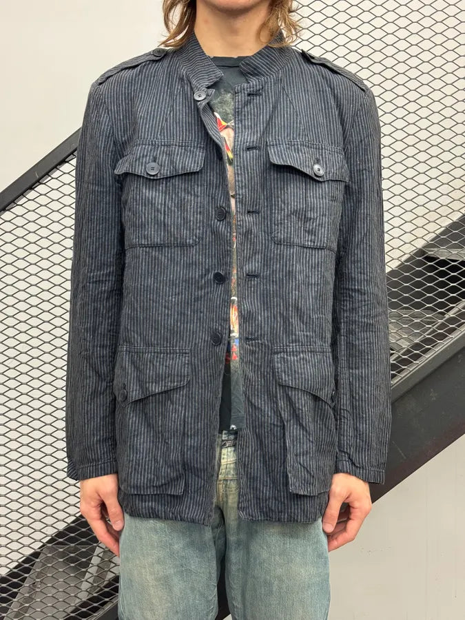 Agnès b Navy Linen Striped Utility Officer Jacket DTSWKte 0