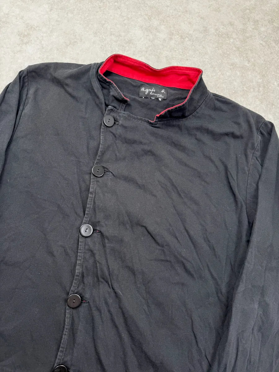 Agnès B Black Asymmetrical Red Collar Buttoned Light Jacket XRMqrUK 3