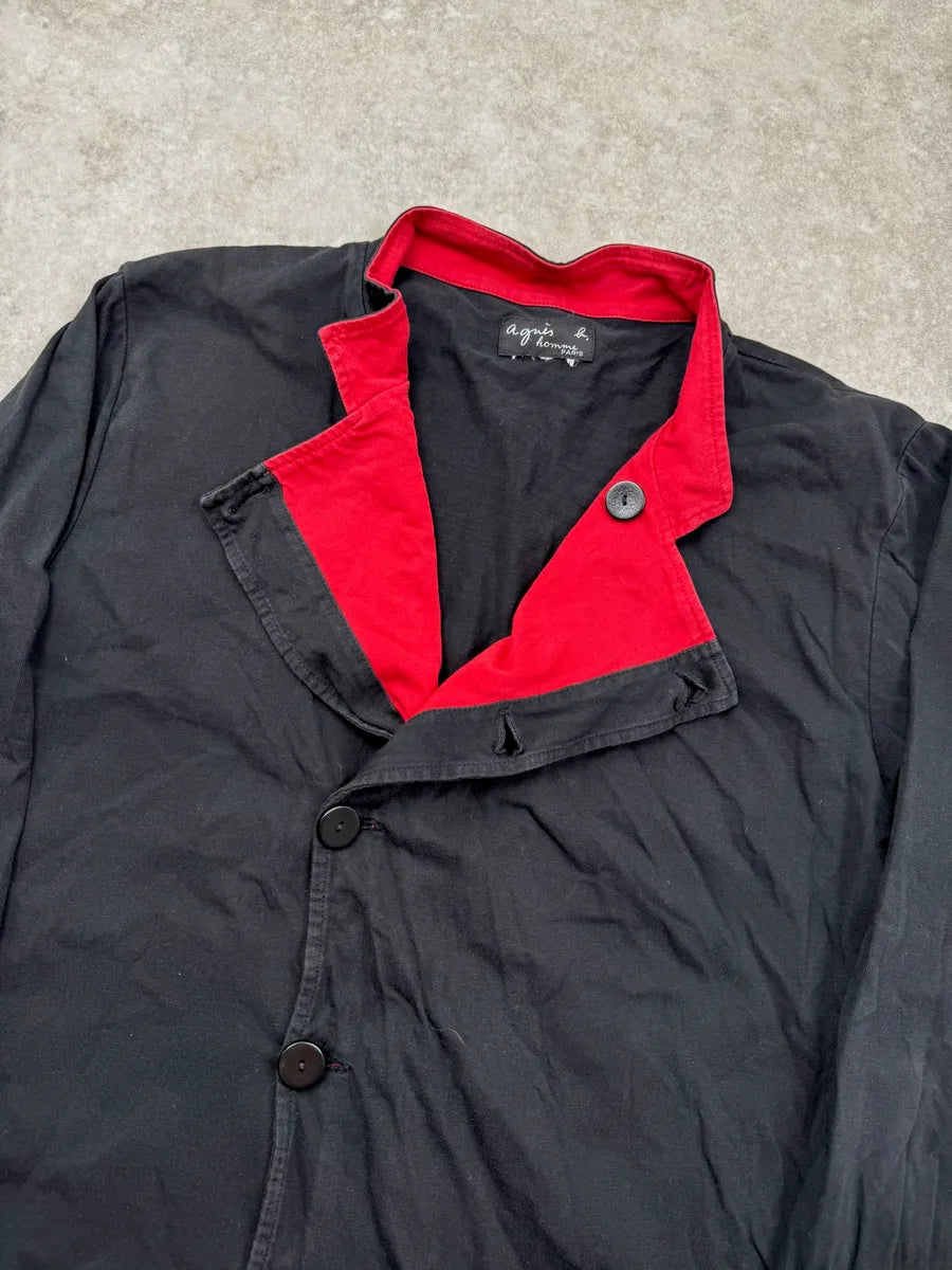 Agnès B Black Asymmetrical Red Collar Buttoned Light Jacket XRMqrUK 4