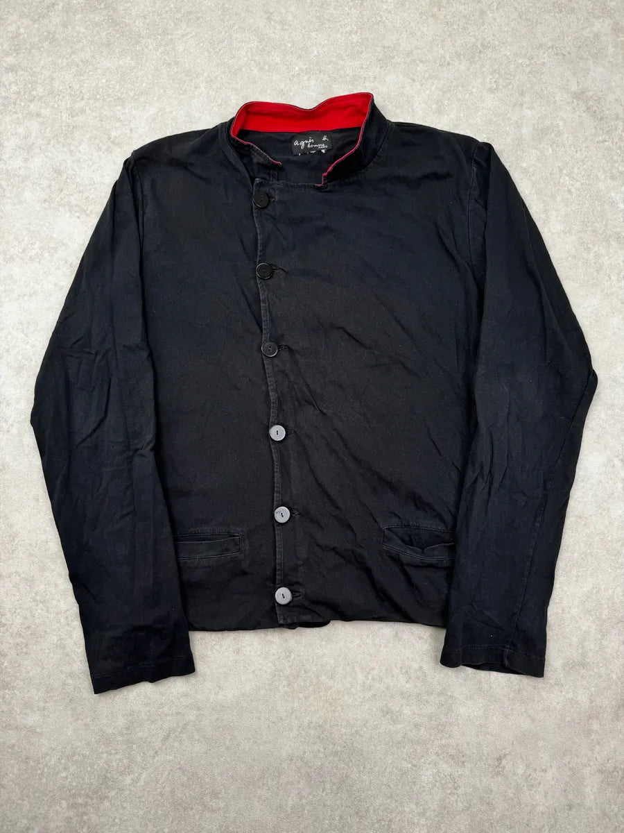 Agnès B Black Asymmetrical Red Collar Buttoned Light Jacket XRMqrUK 0