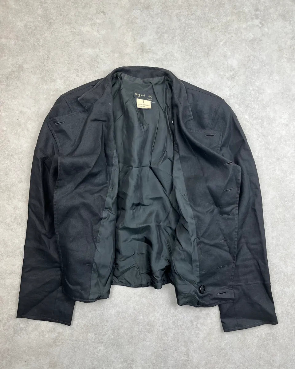 Agnès b Black Linen Double-Breasted Officer Blazer Jacket oFkKAap 3