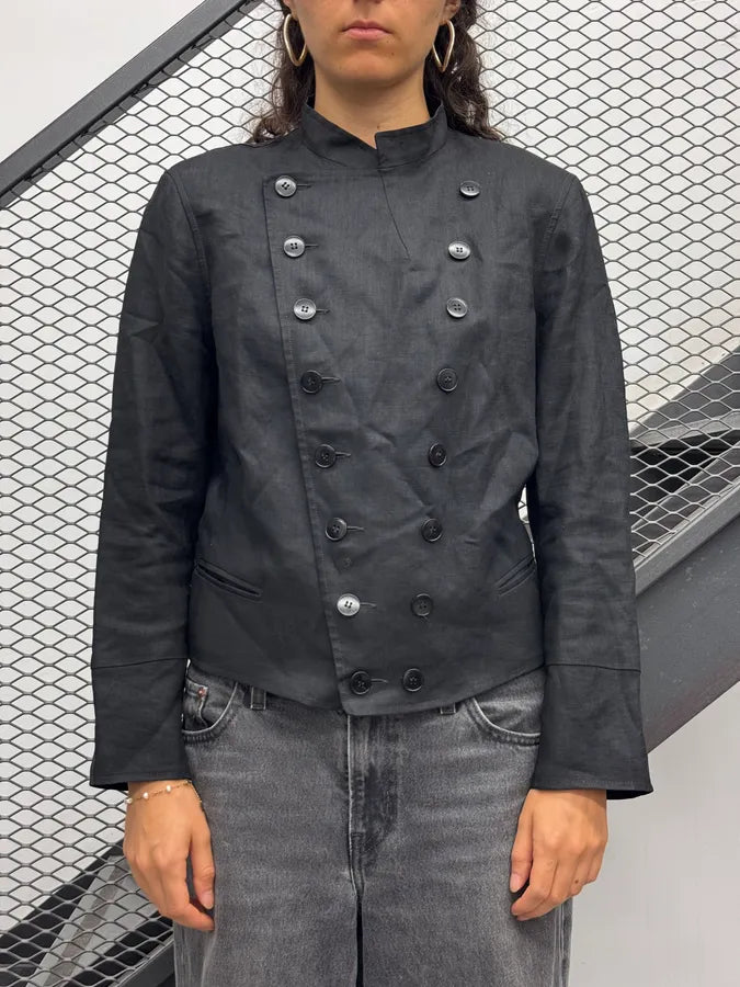 Agnès b Black Linen Double-Breasted Officer Blazer Jacket oFkKAap 1