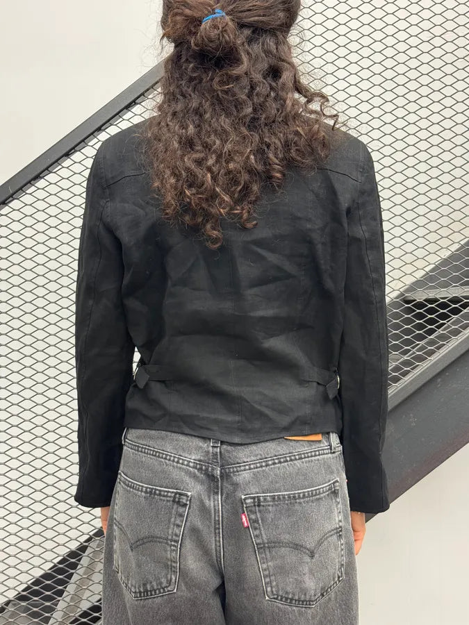 Agnès b Black Linen Double-Breasted Officer Blazer Jacket oFkKAap 2