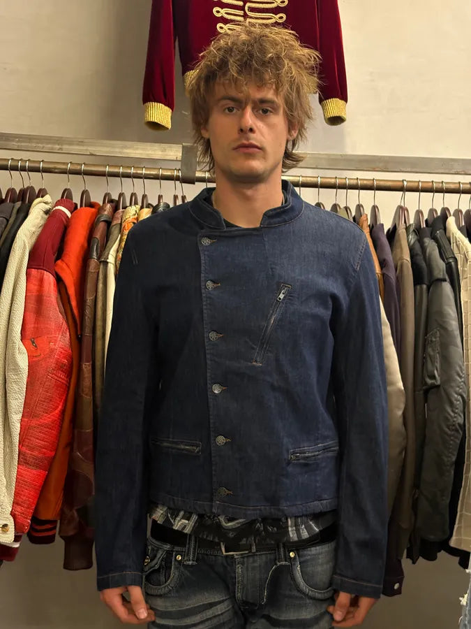 Agnès b Navy Asymmetrical Buttoned Denim Jacket  XmTlQgl 1