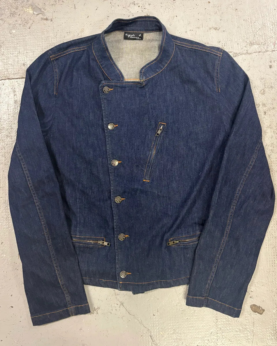 Agnès b Navy Asymmetrical Buttoned Denim Jacket  XmTlQgl 0