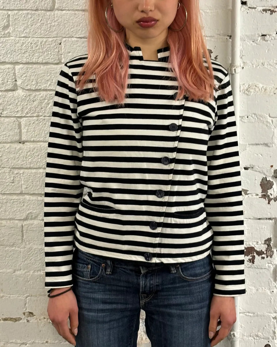 Agnès b. Black & White Officer Asymmetrical Striped Cardigan lXghzYY 1