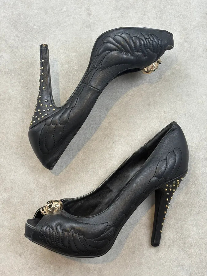 2000s Alexander McQueen Black Leather Skull Studded Heels SDLGnej 3