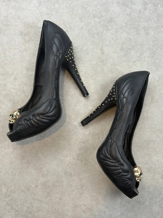 2000s Alexander McQueen Black Leather Skull Studded Heels SDLGnej 4
