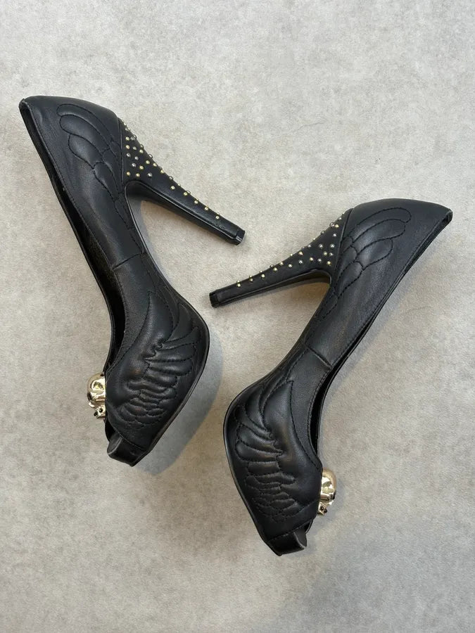 2000s Alexander McQueen Black Leather Skull Studded Heels SDLGnej 5