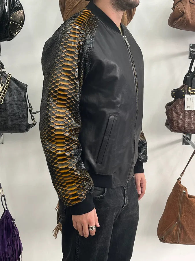 SS2014 Alexander McQueen Black Python Orange Sleeves Leather Jacket  YFlTsoD 2