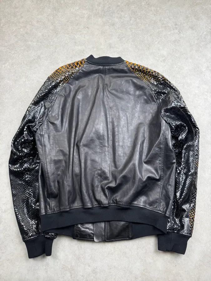 SS2014 Alexander McQueen Black Python Orange Sleeves Leather Jacket  YFlTsoD 6