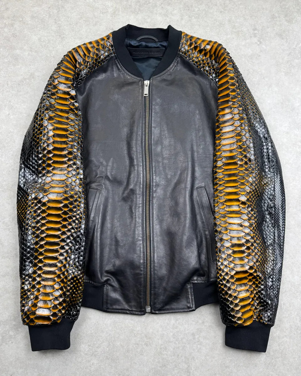 SS2014 Alexander McQueen Black Python Orange Sleeves Leather Jacket  YFlTsoD 0