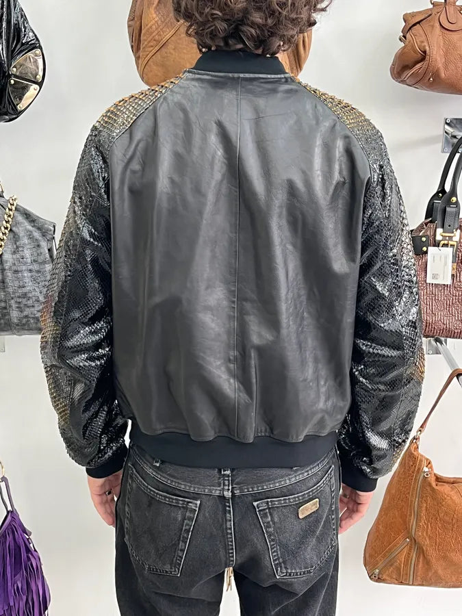 SS2014 Alexander McQueen Black Python Orange Sleeves Leather Jacket  YFlTsoD 3