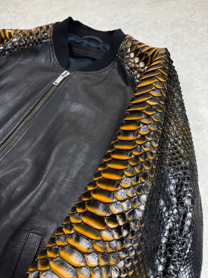 SS2014 Alexander McQueen Black Python Orange Sleeves Leather Jacket  YFlTsoD 9