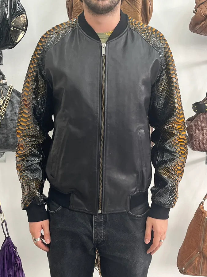 SS2014 Alexander McQueen Black Python Orange Sleeves Leather Jacket  YFlTsoD 1