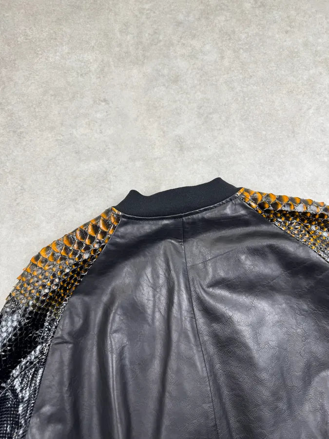 SS2014 Alexander McQueen Black Python Orange Sleeves Leather Jacket  YFlTsoD 7