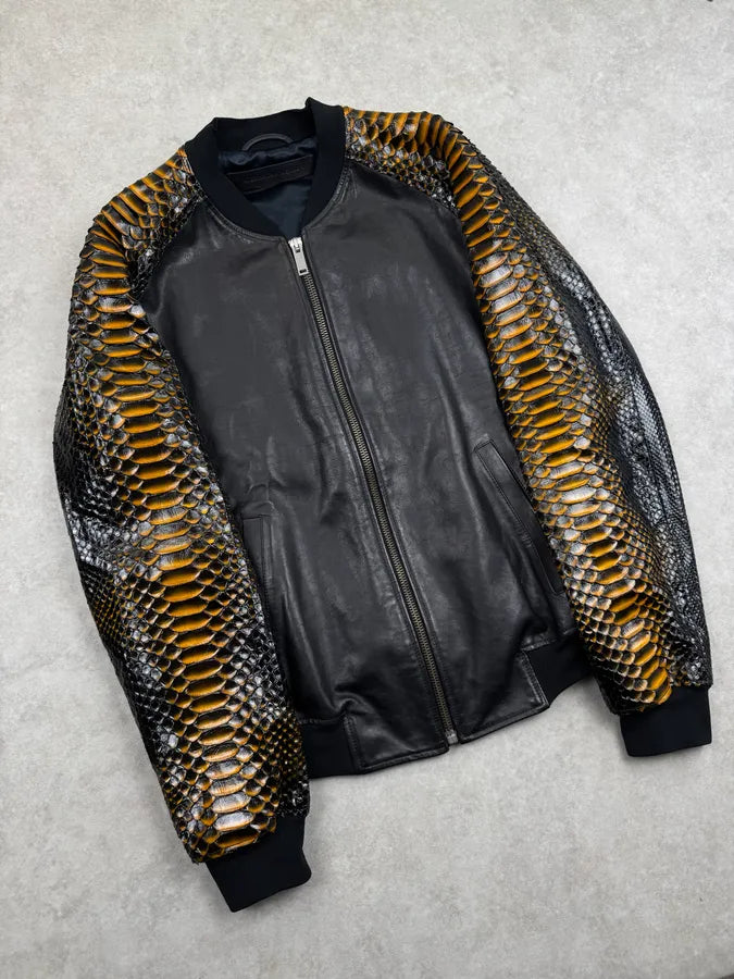 SS2014 Alexander McQueen Black Python Orange Sleeves Leather Jacket  YFlTsoD 4
