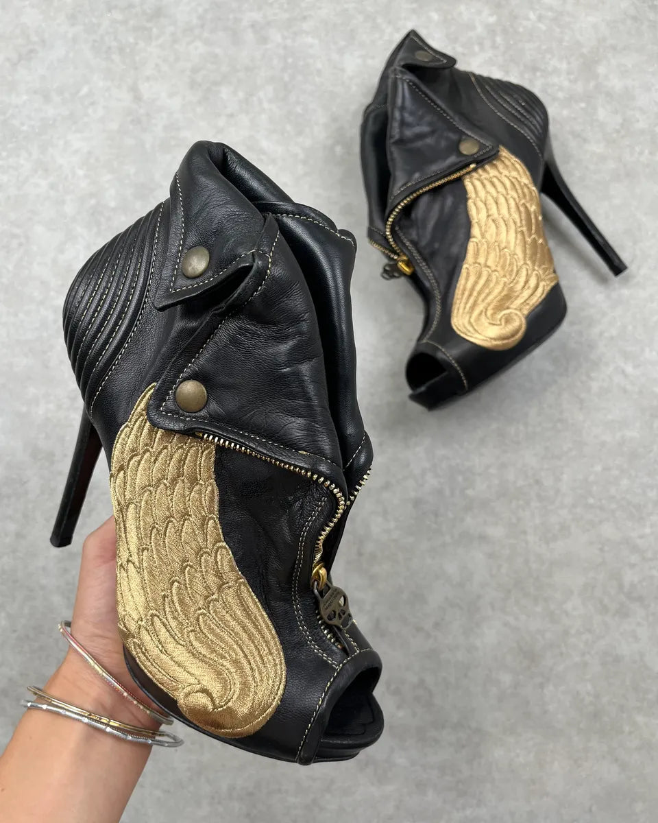 Alexander McQueen Gold Wings Faithful Skull Black Leather Heels MZEYjmQ 1