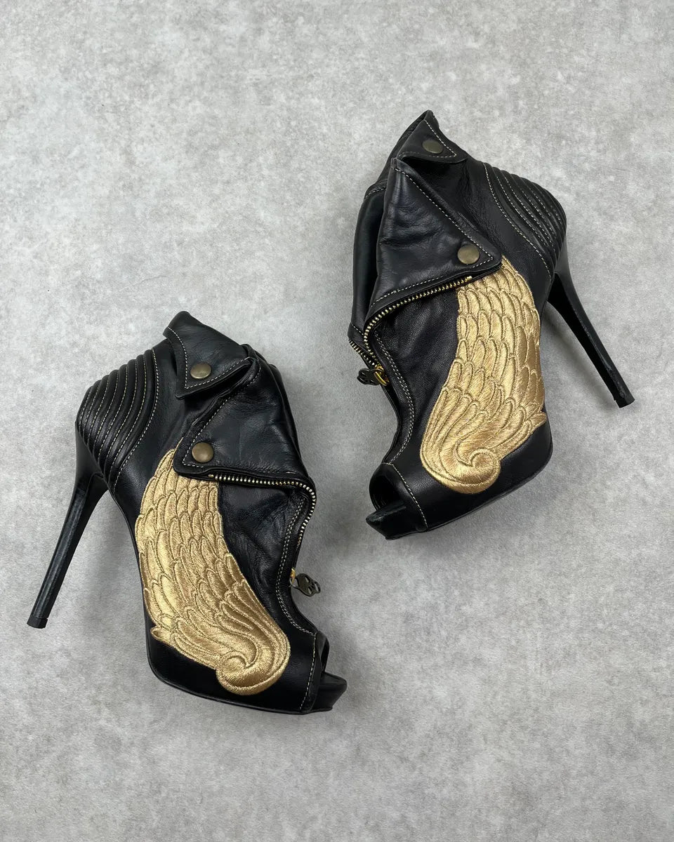 Alexander McQueen Gold Wings Faithful Skull Black Leather Heels MZEYjmQ 3