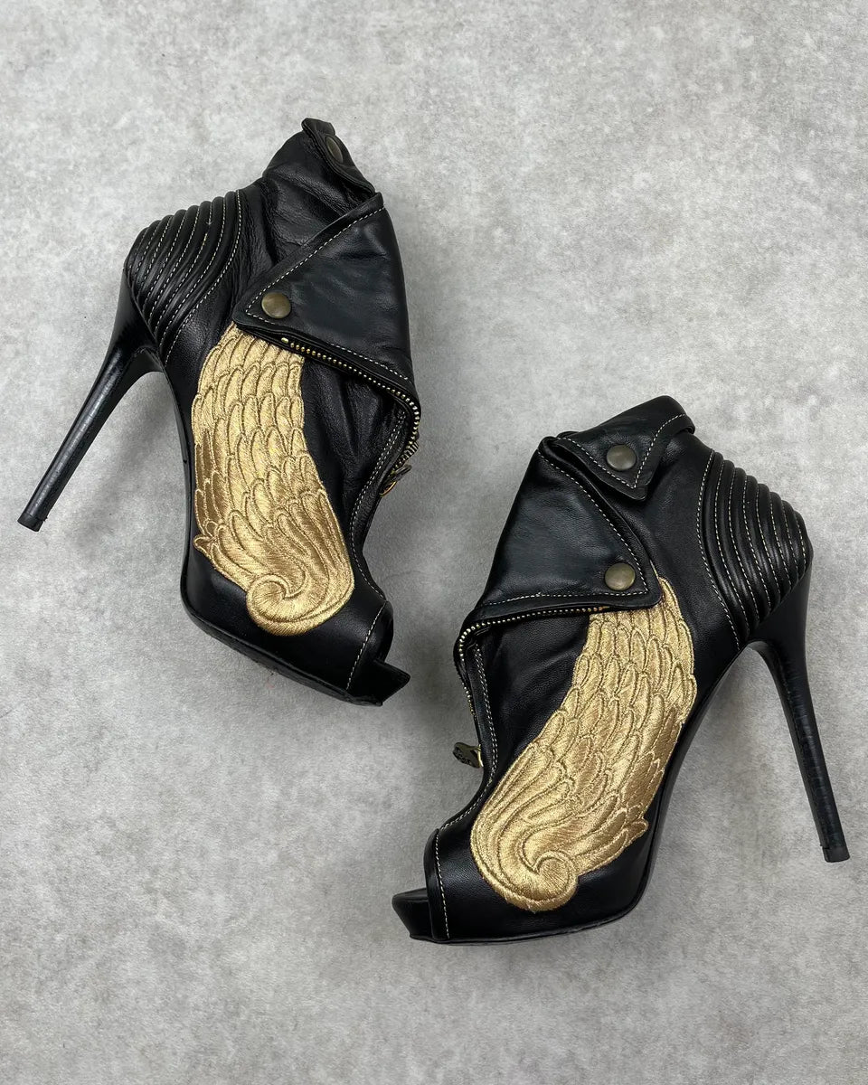 Alexander McQueen Gold Wings Faithful Skull Black Leather Heels MZEYjmQ 4