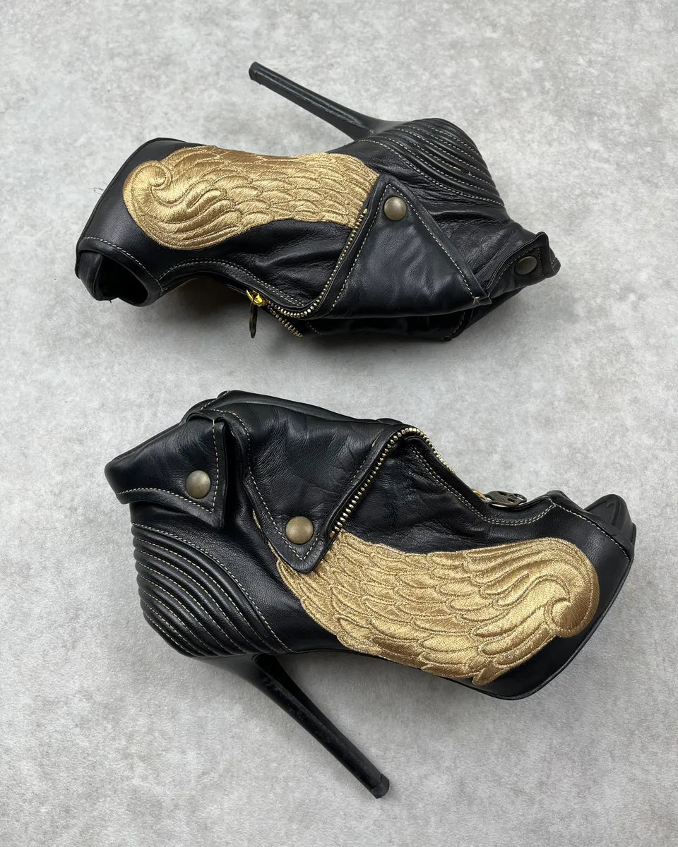 Alexander McQueen Gold Wings Faithful Skull Black Leather Heels MZEYjmQ 5
