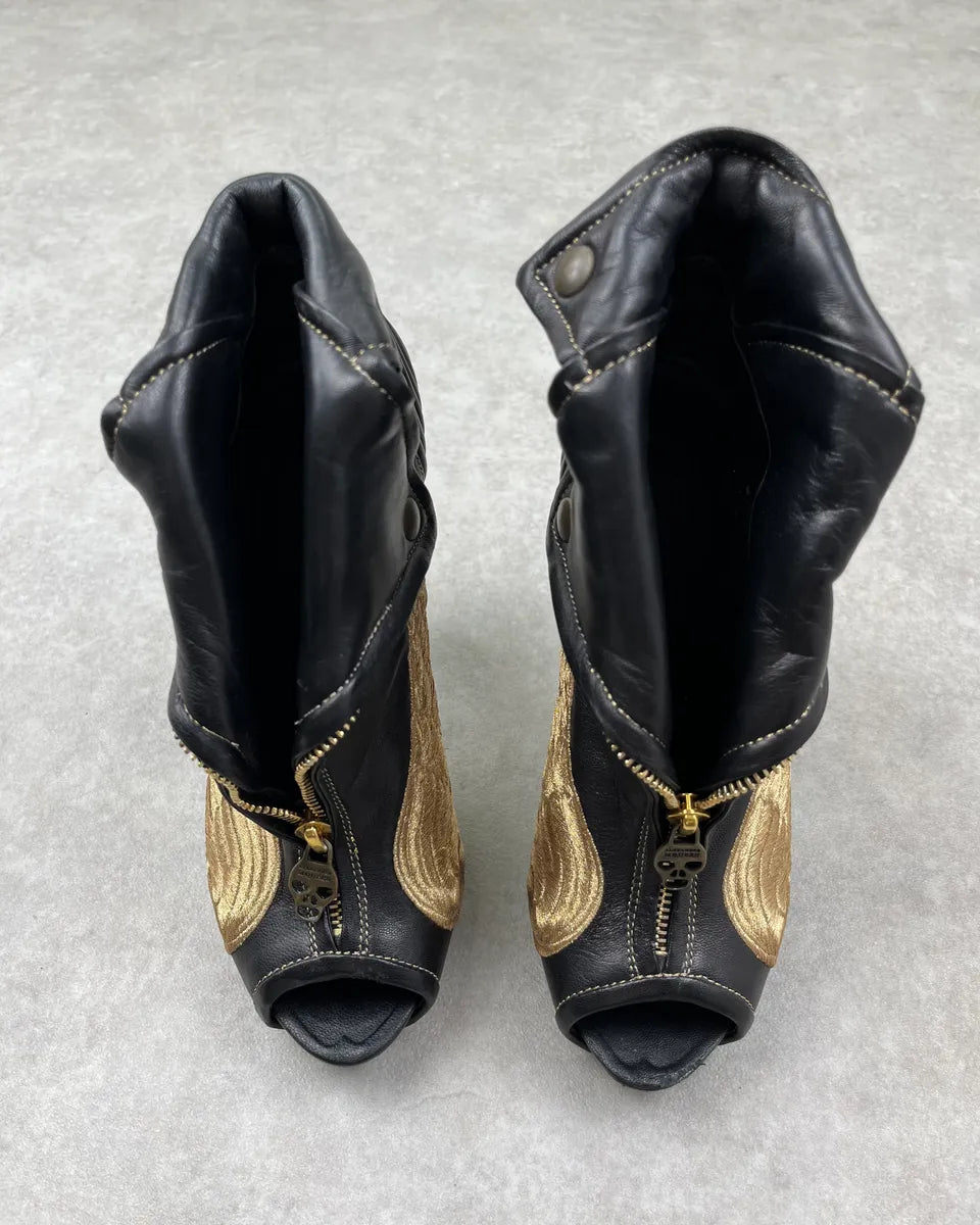 Alexander McQueen Gold Wings Faithful Skull Black Leather Heels MZEYjmQ 8