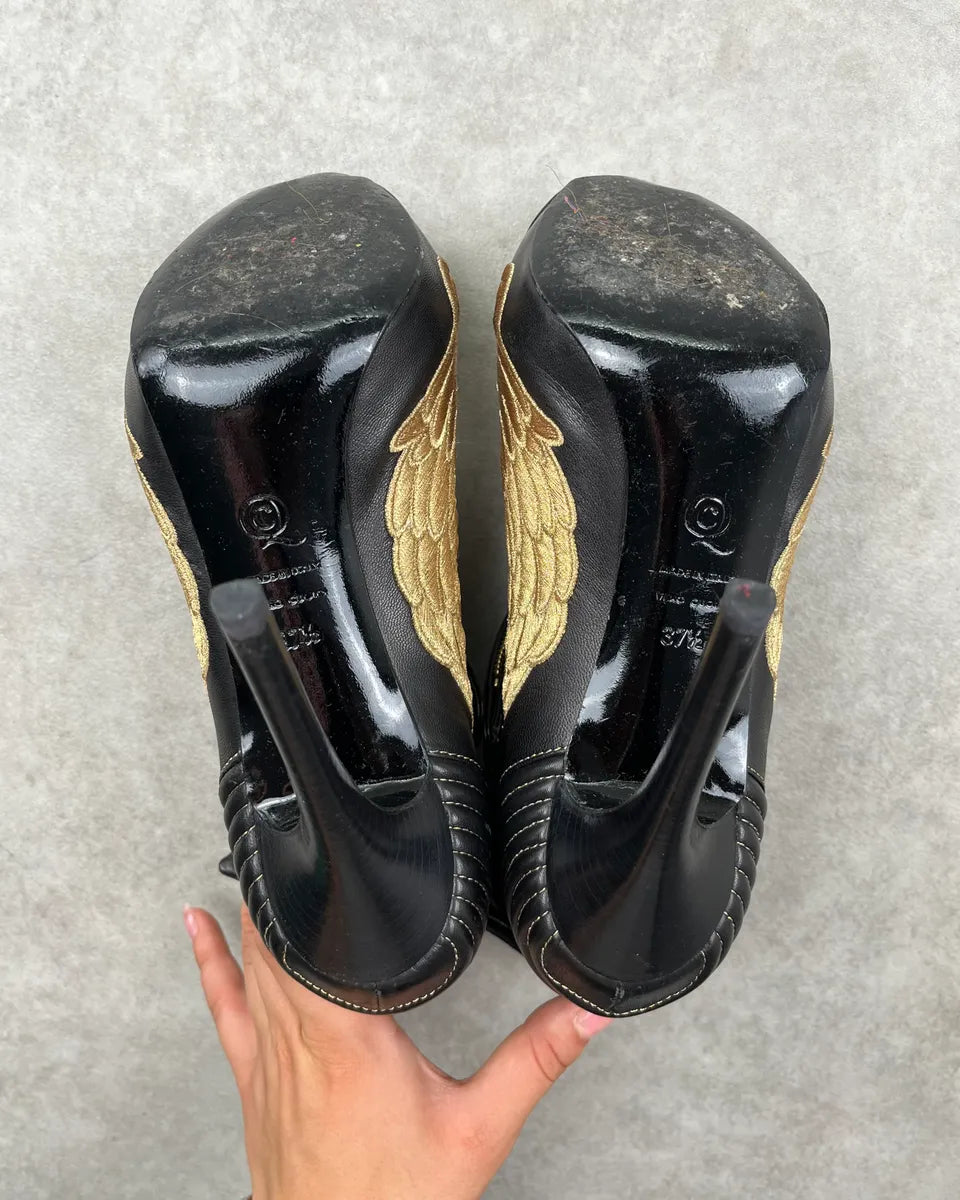 Alexander McQueen Gold Wings Faithful Skull Black Leather Heels MZEYjmQ 9