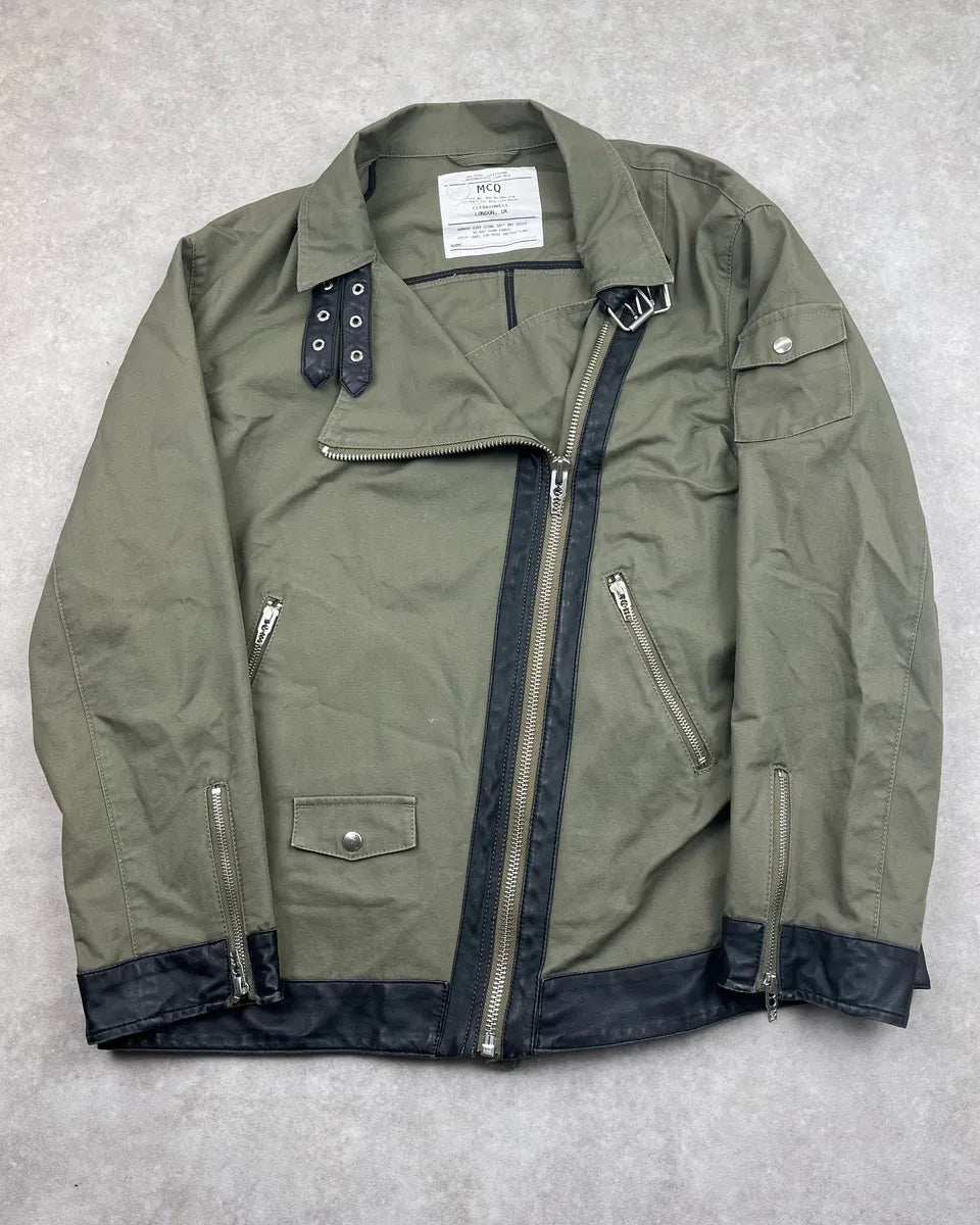 2010s Alexander McQueen Olive Asymmetrical Military Perfecto Jacket cXmdvFM 0