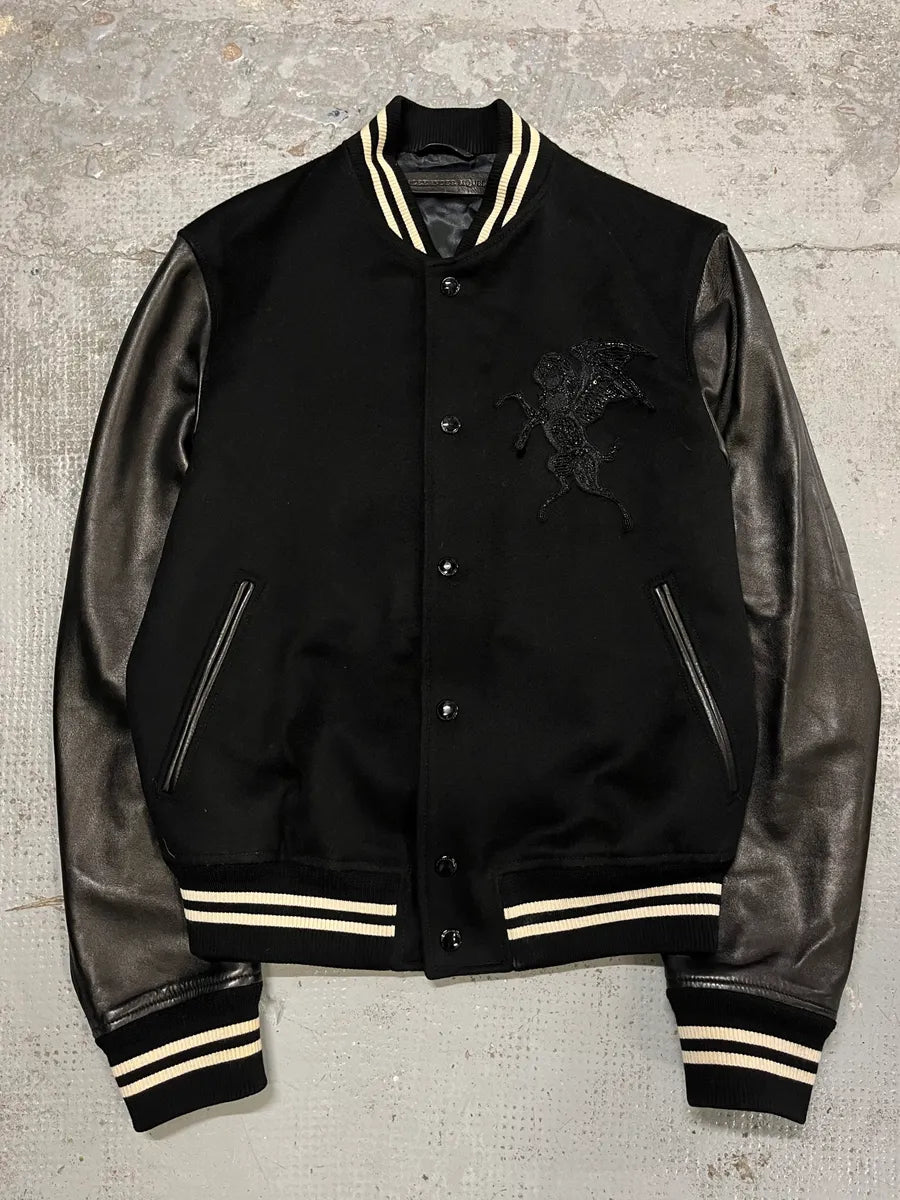 Alexander McQueen Leather Sleeves Embroidered Black Wool Bomber Jacket lUxFXkX 0