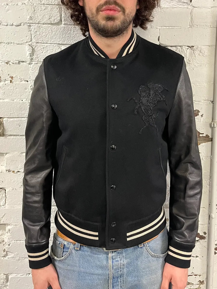 Alexander McQueen Leather Sleeves Embroidered Black Wool Bomber Jacket lUxFXkX 1