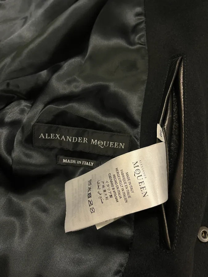 Alexander McQueen Leather Sleeves Embroidered Black Wool Bomber Jacket lUxFXkX 10